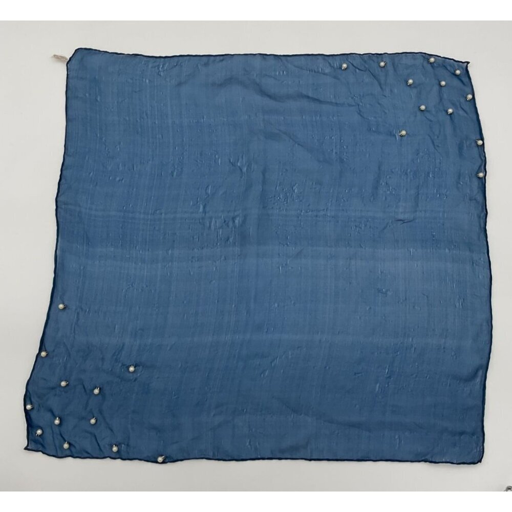 Vintage Medium Blue Scarf With Faux Pearls & Hand Rolled Edges 16 inch